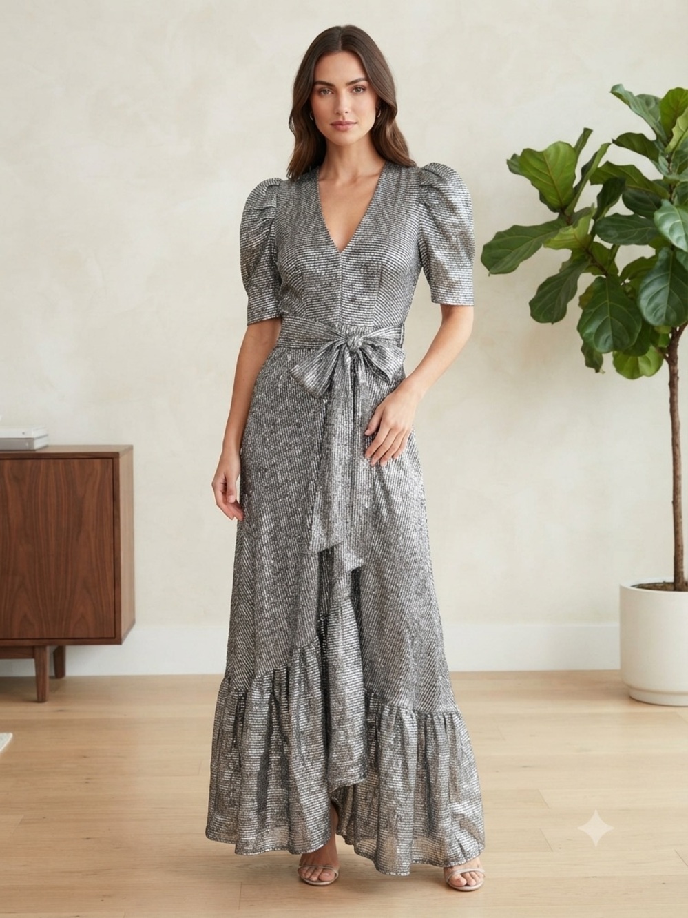 HUNTER BELL premium jacquard edition Silver Metallic V-Neck Tie-Waist Maxi Dress
